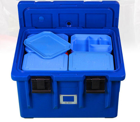 ISO-zertifizierte 75L isolierte Lebensmittelpfanne Träger Nylongriffe Vierräder LLDPE Catering Transportbox